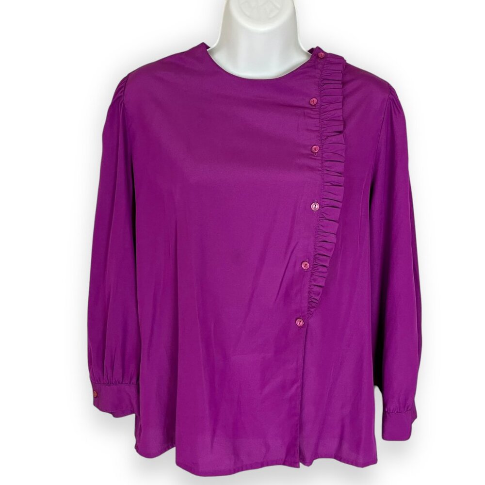 Vintage Blouse Unique Button-Up Long Sleeves Retro Secretary Cropped Sleeves‎